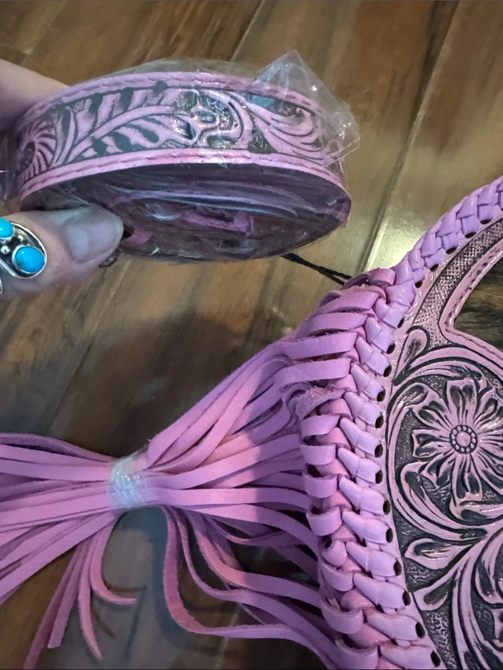 Round Pink Floral Tooled Fringe Crossbody Bag